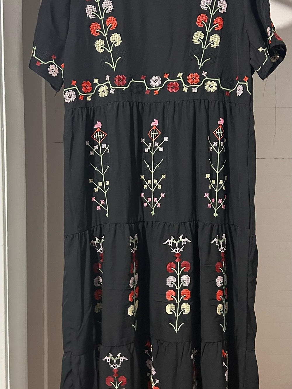 Black Embroidered Tiered Midi Dress with Floral Motif